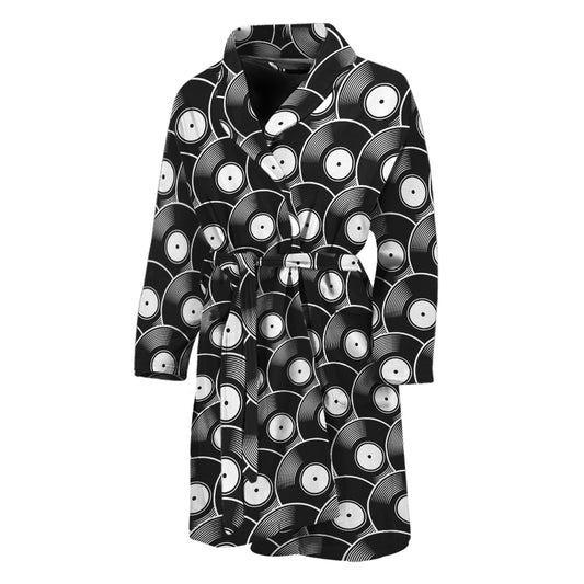 Black Vinyl Record Pattern Print Men's Bathrobe