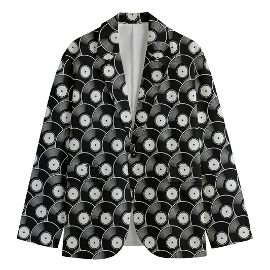 Black Vinyl Record Pattern Print Men's Blazer