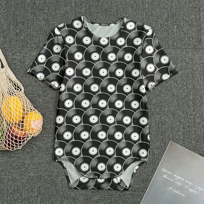 Black Vinyl Record Pattern Print Men's Bodysuit