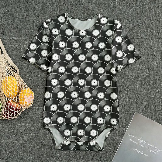 Black Vinyl Record Pattern Print Men's Bodysuit