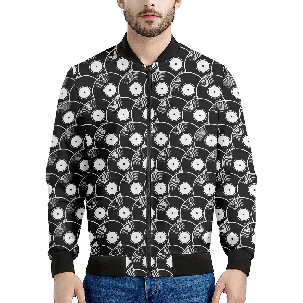 Black Vinyl Record Pattern Print Men's Bomber Jacket