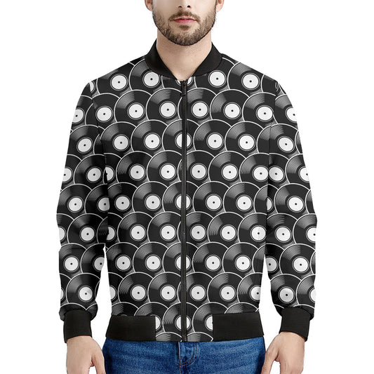 Black Vinyl Record Pattern Print Men's Bomber Jacket