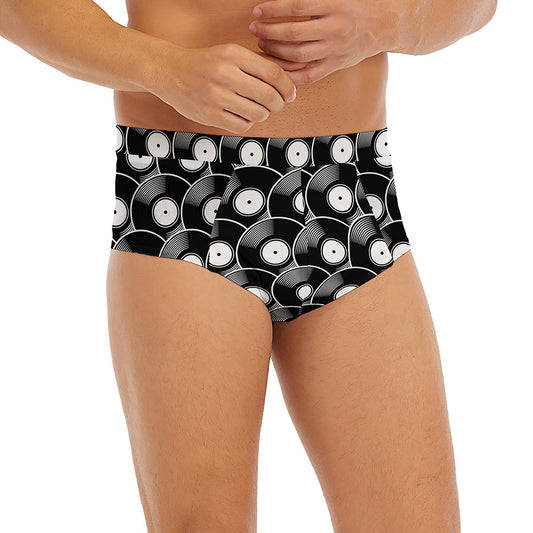 Black Vinyl Record Pattern Print Men's Briefs