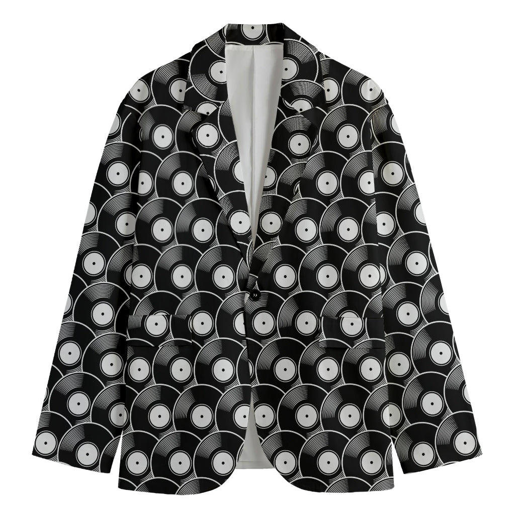 Black Vinyl Record Pattern Print Men's Cotton Blazer