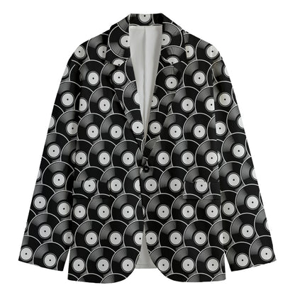 Black Vinyl Record Pattern Print Men's Cotton Blazer