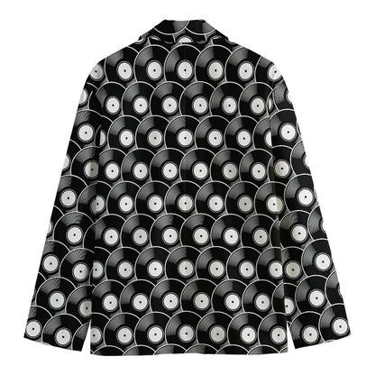 Black Vinyl Record Pattern Print Men's Cotton Blazer