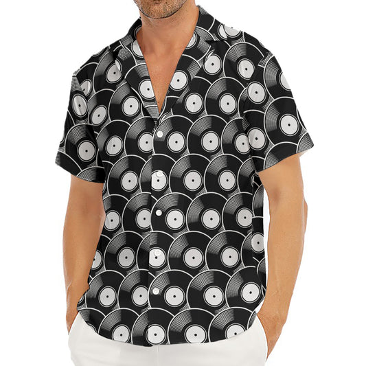 Black Vinyl Record Pattern Print Men's Deep V-Neck Shirt