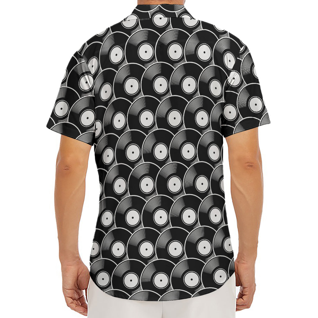Black Vinyl Record Pattern Print Men's Deep V-Neck Shirt