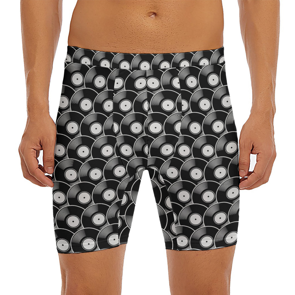 Black Vinyl Record Pattern Print Men's Long Boxer Briefs
