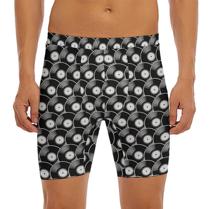 Black Vinyl Record Pattern Print Men's Long Boxer Briefs
