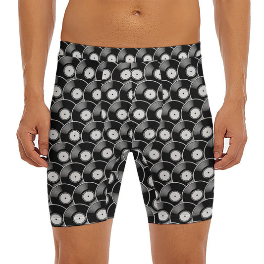 Black Vinyl Record Pattern Print Men's Long Boxer Briefs