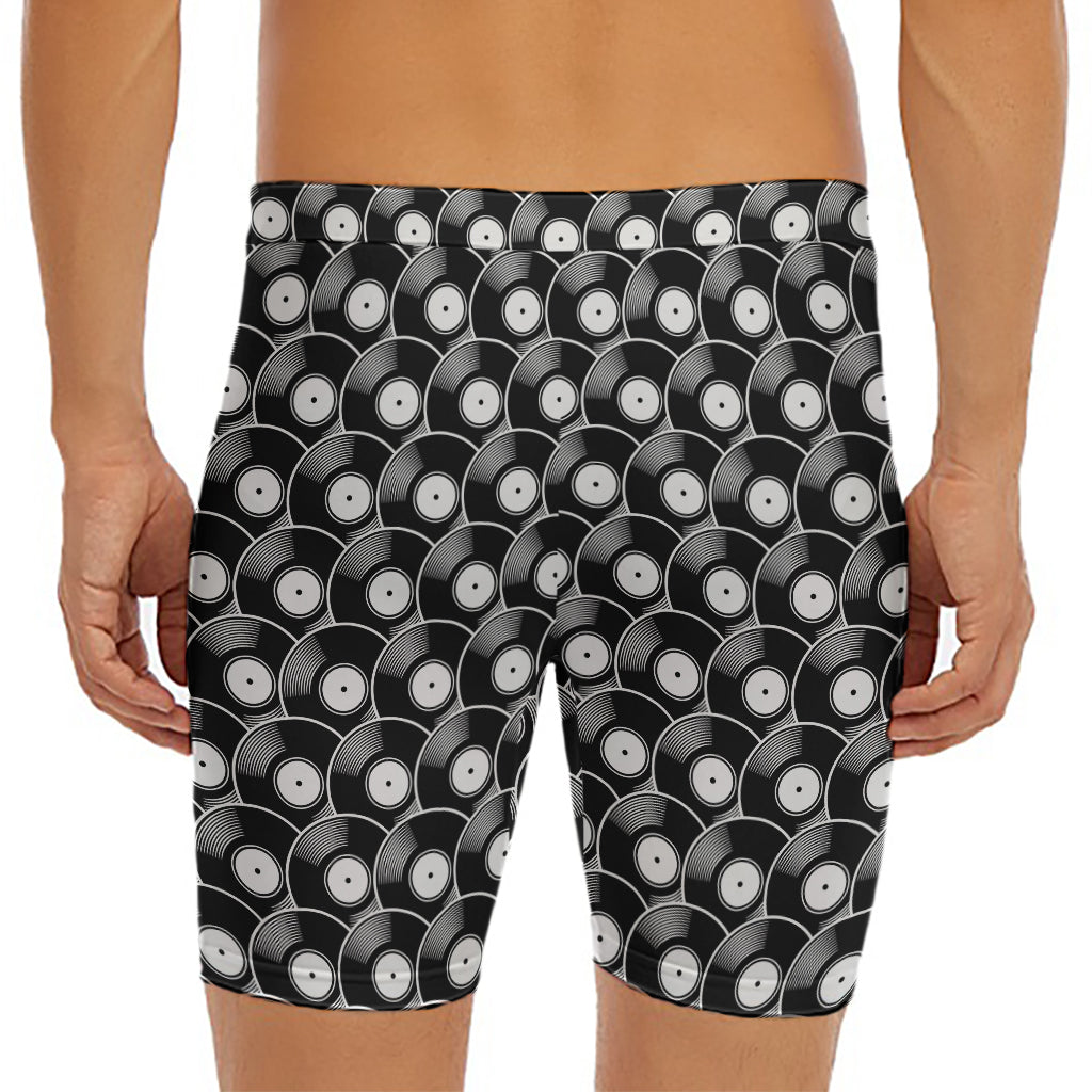 Black Vinyl Record Pattern Print Men's Long Boxer Briefs