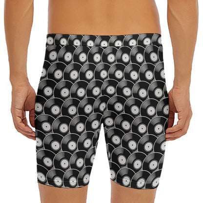 Black Vinyl Record Pattern Print Men's Long Boxer Briefs