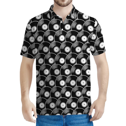 Black Vinyl Record Pattern Print Men's Polo Shirt