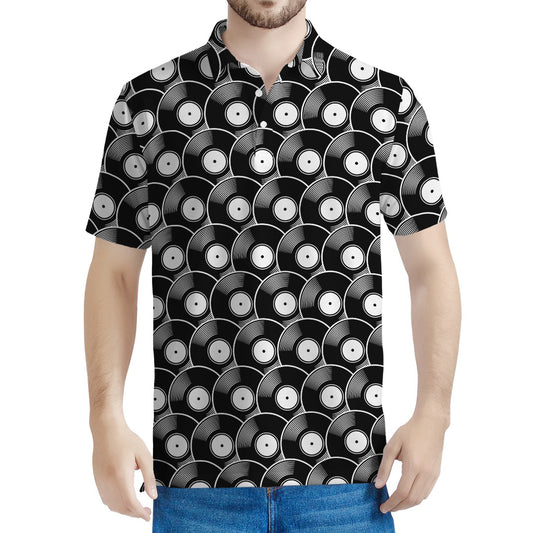 Black Vinyl Record Pattern Print Men's Polo Shirt