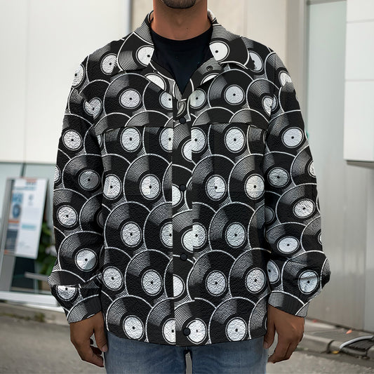 Black Vinyl Record Pattern Print Men's Shirt Jacket