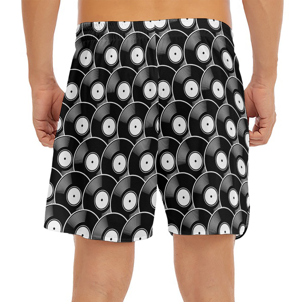 Black Vinyl Record Pattern Print Men's Split Running Shorts