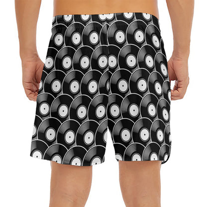 Black Vinyl Record Pattern Print Men's Split Running Shorts