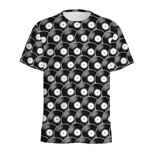 Black Vinyl Record Pattern Print Men's Sports T-Shirt