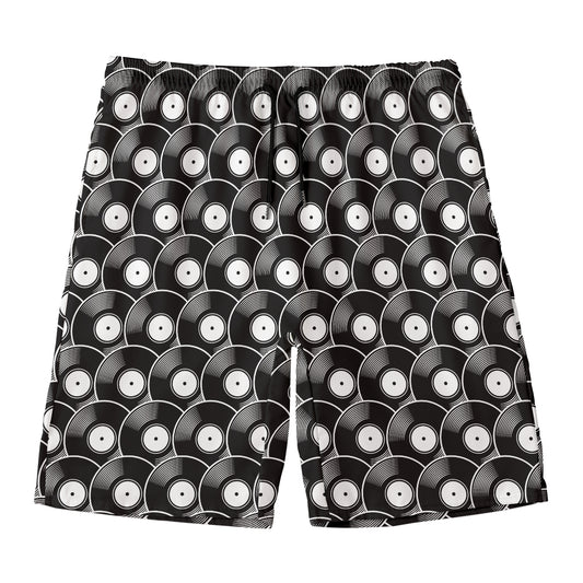 Black Vinyl Record Pattern Print Men's Swim Trunks