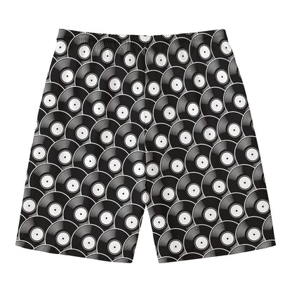 Black Vinyl Record Pattern Print Men's Swim Trunks