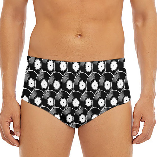 Black Vinyl Record Pattern Print Men's Triangle Swim Briefs