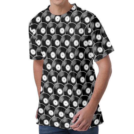 Black Vinyl Record Pattern Print Men's Velvet T-Shirt