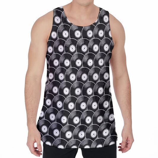 Black Vinyl Record Pattern Print Men's Velvet Tank Top