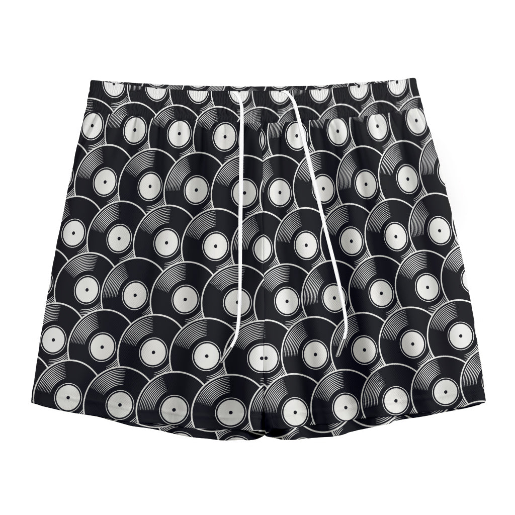 Black Vinyl Record Pattern Print Mesh Shorts