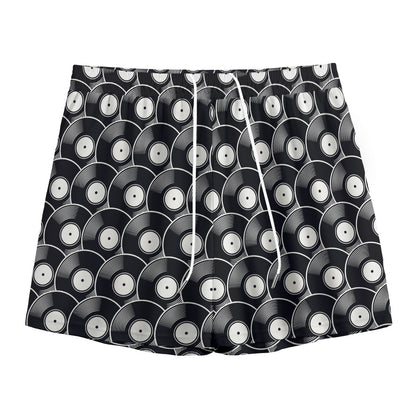 Black Vinyl Record Pattern Print Mesh Shorts