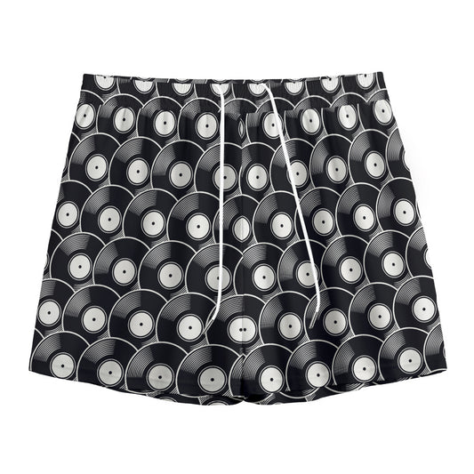 Black Vinyl Record Pattern Print Mesh Shorts