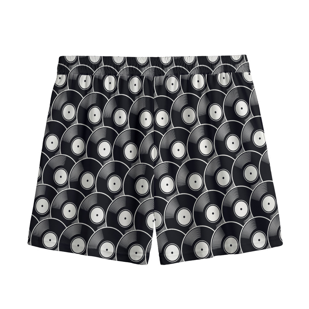 Black Vinyl Record Pattern Print Mesh Shorts