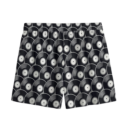 Black Vinyl Record Pattern Print Mesh Shorts