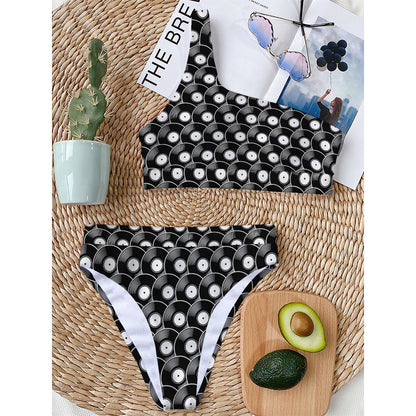 Black Vinyl Record Pattern Print One Shoulder Bikini Top