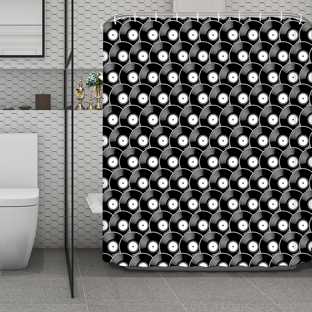 Black Vinyl Record Pattern Print Polyester Shower Curtain