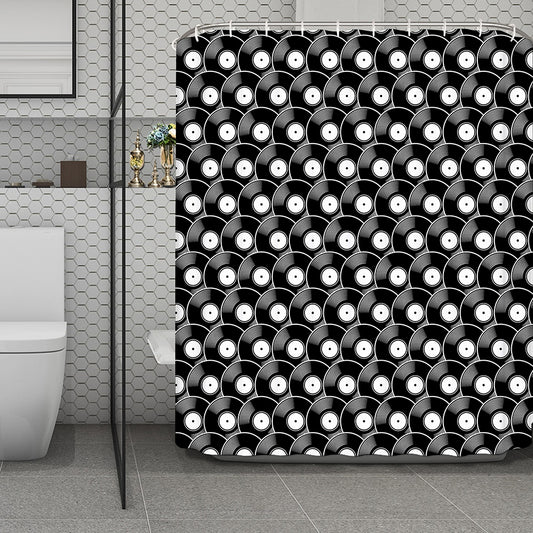 Black Vinyl Record Pattern Print Polyester Shower Curtain