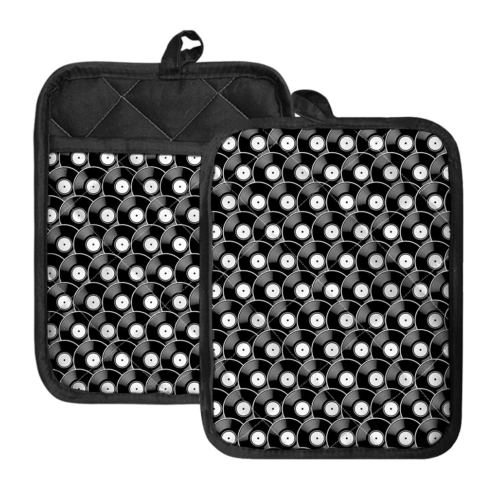 Black Vinyl Record Pattern Print Pot Holders With Pocket