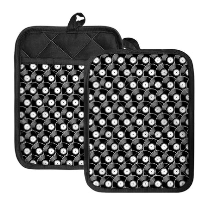 Black Vinyl Record Pattern Print Pot Holders With Pocket