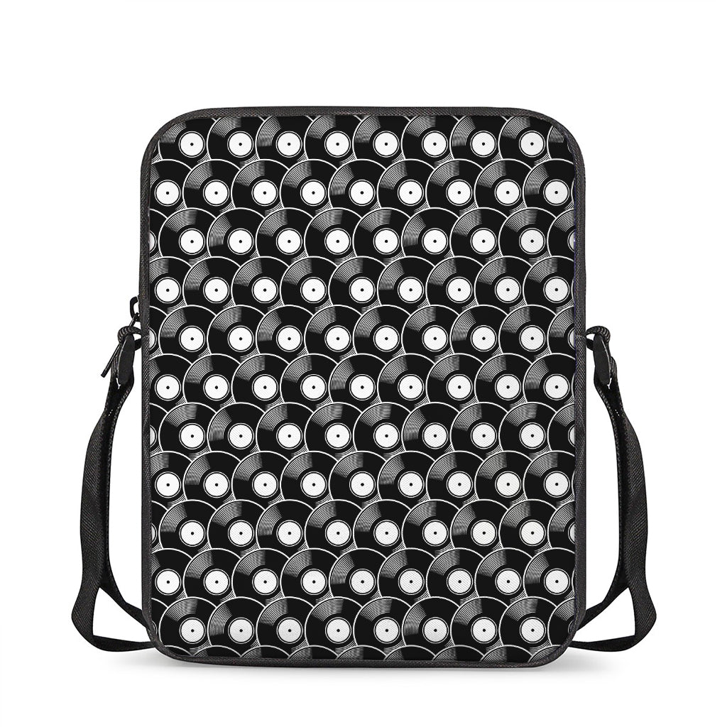 Black Vinyl Record Pattern Print Rectangular Crossbody Bag