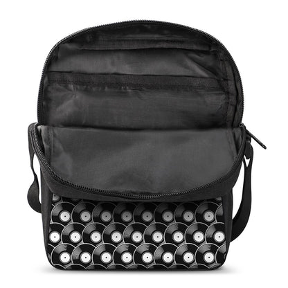 Black Vinyl Record Pattern Print Rectangular Crossbody Bag