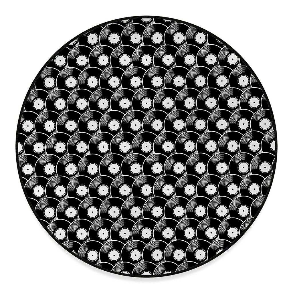 Black Vinyl Record Pattern Print Round Floor Mat
