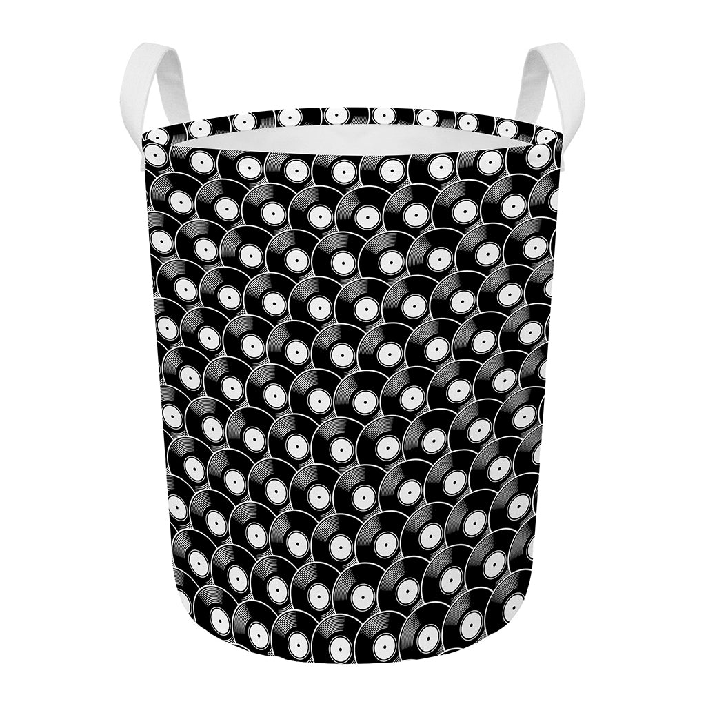 Black Vinyl Record Pattern Print Round Laundry Basket