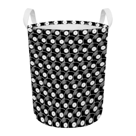 Black Vinyl Record Pattern Print Round Laundry Basket
