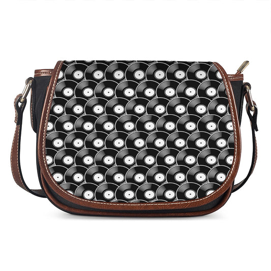 Black Vinyl Record Pattern Print Saddle Bag