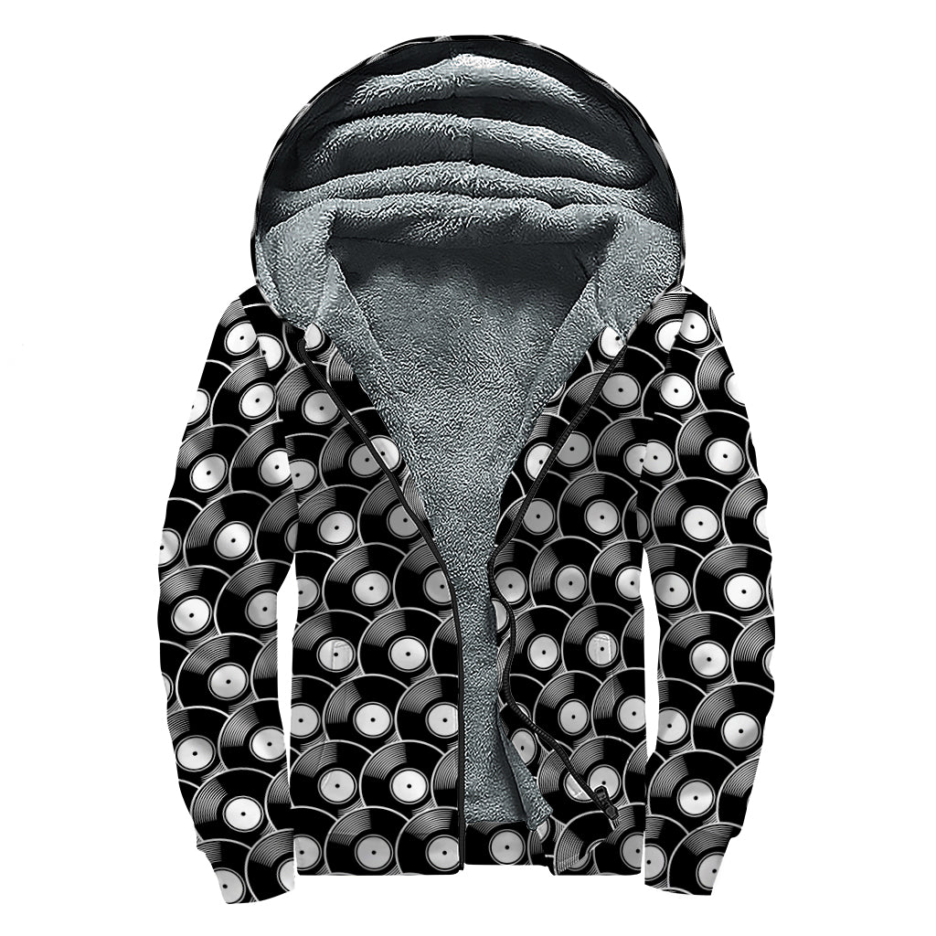 Black Vinyl Record Pattern Print Sherpa Lined Zip Up Hoodie