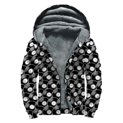 Black Vinyl Record Pattern Print Sherpa Lined Zip Up Hoodie
