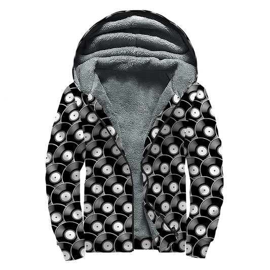 Black Vinyl Record Pattern Print Sherpa Lined Zip Up Hoodie
