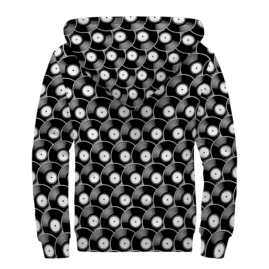 Black Vinyl Record Pattern Print Sherpa Lined Zip Up Hoodie