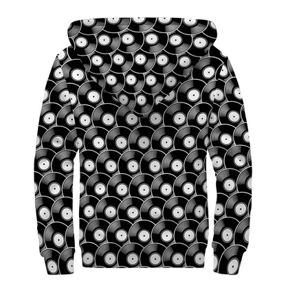 Black Vinyl Record Pattern Print Sherpa Lined Zip Up Hoodie