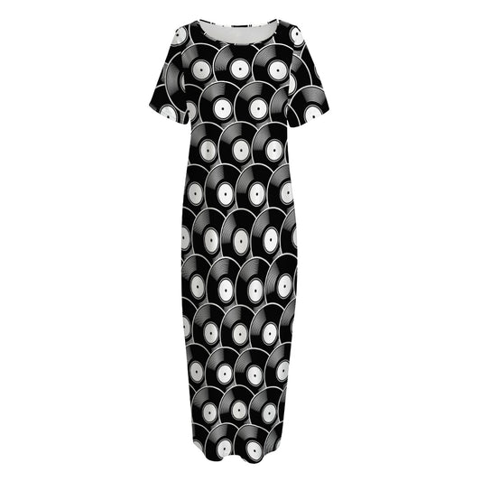 Black Vinyl Record Pattern Print Short Sleeve Long Nightdress